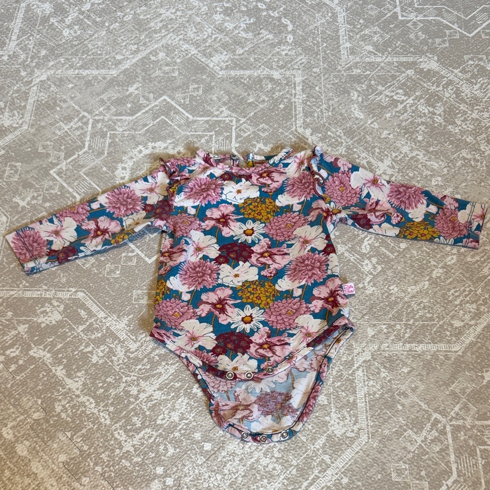 Ruffle Butts Floral Long-Sleeve Baby One-Piece Bodysuit - Pink & Teal